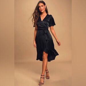 Lulus Wrapped Up In Love Black Satin Faux-Wrap Midi Dress